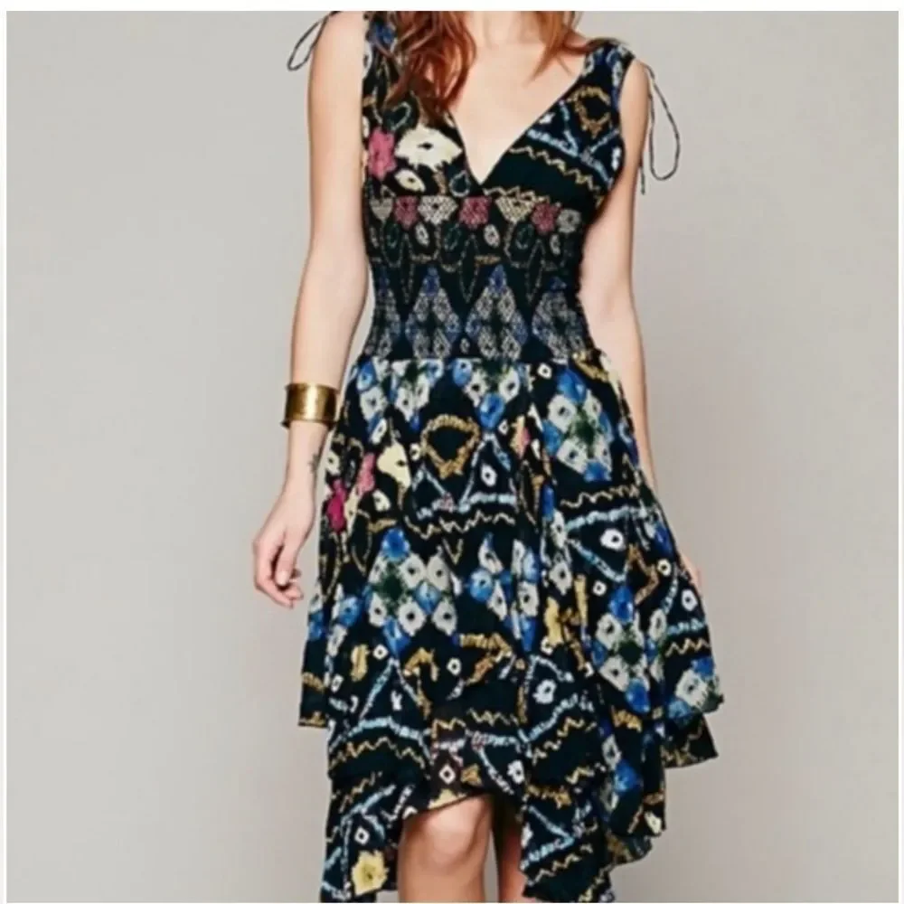 NWOT Free People One Wisteria Lattice Black Floral Smocked Asymmetrical Dress XS
